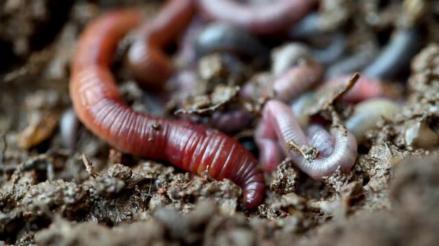 Close-up of earthworms moving through dark, moist soil