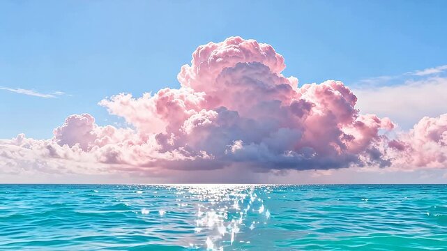Ocean with pink cloud in blue sky