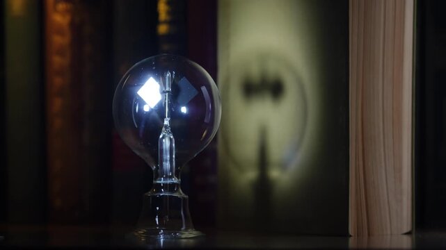 Crookes radiometer light mill with soft shadow moving on book cover. Golden ratio central composition on bookshelf background, cinematic warm lighting, physics experiment, solar vane