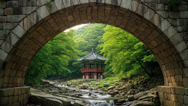 Stone arch bridge framing traditional korean forest pavilion