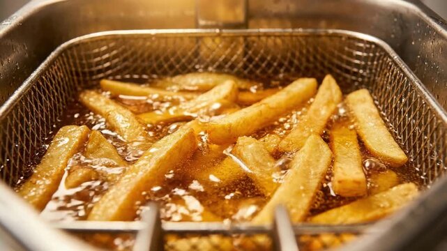 Slow motion footage of golden french fries bubbling in hot boiling oil inside a professional metal deep fryer basket, crispy potato chips frying in a restaurant kitchen setting.