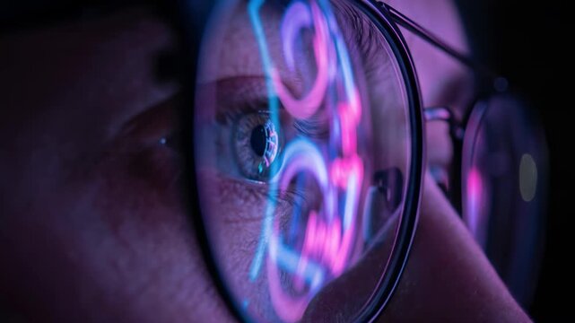 Slow motion footage of a young man wearing glasses with vibrant blue and pink neon light reflections on the lenses while working on a computer in a dark futuristic digital office