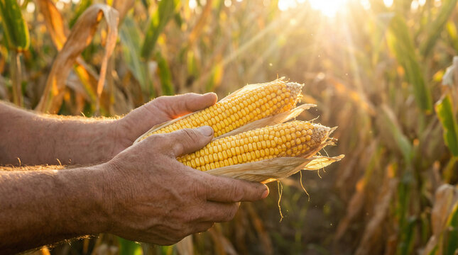 Farmer's hands holding fresh corn cobs at sunset in a golden field, symbolizing harvest and agriculture