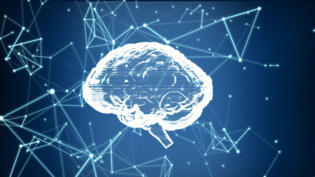 Digital brain with glowing neural network connections on a dark blue background