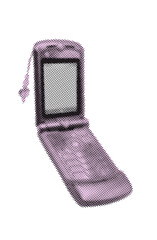 Pastel pink Y2K flip phone with cute charm. Retro 2000s mobile cellphone device illustration in halftone collage style. Vintage pop art vector element for aesthetic nostalgic poster or fashion print.
