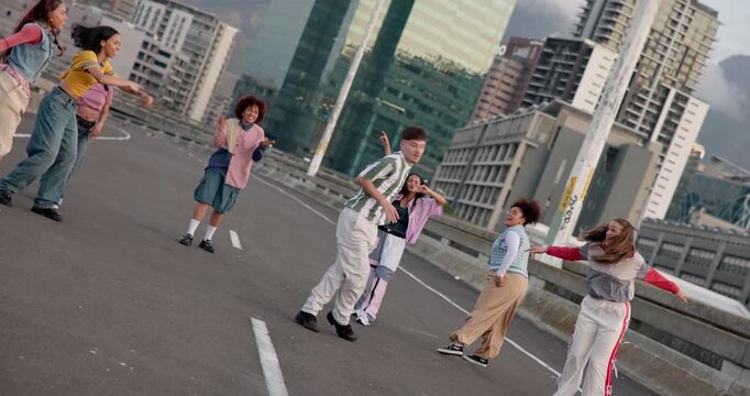 Breakdance, diversity and dancing people in city for freedom, creative art and grunge motion performance on road. Content creation, influencer friends and energy for hip hop, talent and celebration