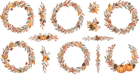 Autumn Floral Wreath Collection Featuring Leaves, Pumpkins, Acorns and Berries in Rustic Fall Season Decorative Illustration Set © AlviAhmed