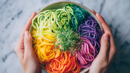 Obraz premium Hands arranging colorful zucchini noodles raw cauliflower rice sprouted seeds on white marble surface uncooked vegetables plant based meal prep enzymatic nutrition clean eating diet ideal for health