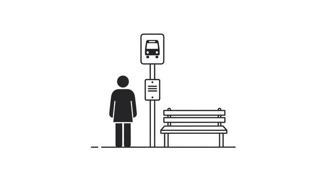 Person waiting at minimalist bus stop with bench and sign