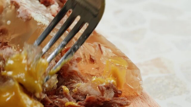 Meat aspic, slavic food, Traditional Russian pork meat aspic Kholodets with horseradish, mustard, jellied jelly beef, eating in restaurant chicken tasty dish. Close up on kitchen. 