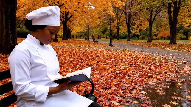 Chef in white uniform and hat reading a book on a park bench surrounded by autumn leaves and trees