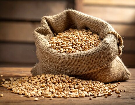 pile of raw barley grains (also known as Jau in India) spilling from a burlap sack