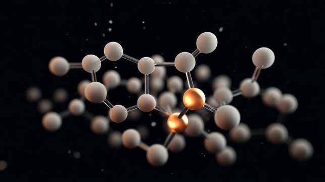 Abstract representation of molecular structure with glowing atoms on a dark background.