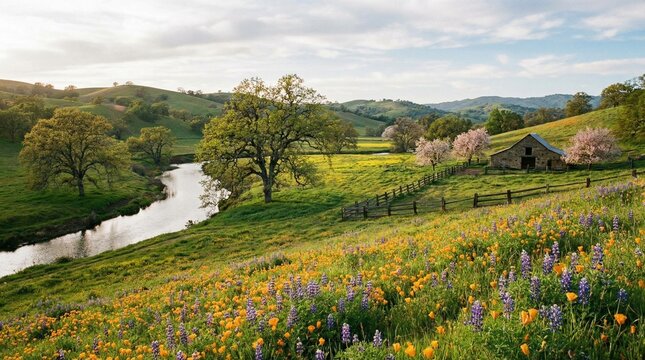 Beautiful spring landscape with blooming wildflowers river and rustic barn on green hills