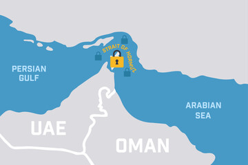 Strait of Hormuz locked, blocked. Trade disruption, impact on international shipping routes.