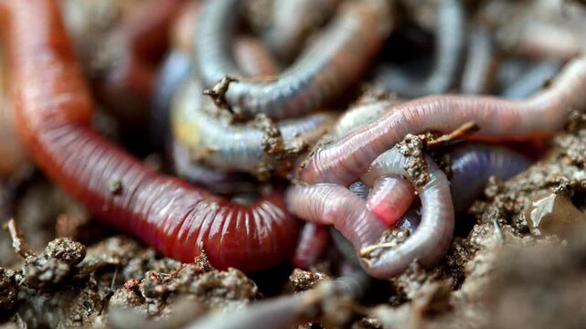 Close-up of wriggling red worms in rich, moist soil. Earthworms move actively through dark, textured dirt. Ideal for composting, gardening, or environmental science content
