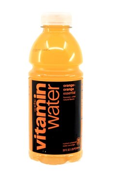 Vitamin Water beverage bottle. Vitamin Water brand is a privately owned subsidiary of Coca-Cola Company