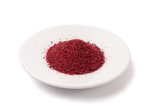 Sumac Powder Isolated, Red Sumach Ground Seasoning, Dry Sumak, Crushed Typhina Seeds