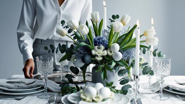 Elegant Easter Table Setting With White Tulips, Hyacinths, Candles, and Decorated Eggs