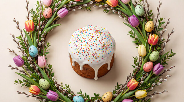 Traditional Easter cake with white icing and sprinkles surrounded by a floral wreath of tulips, pussy willow branches, and colorful speckled eggs on a neutral beige background.