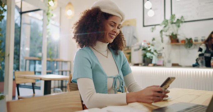 Woman, happy and laughing in coffee shop with phone, laptop and book for meme on social media app. Talent agent, smile and watching funny video in cafe with comedy, research or creativity as scout