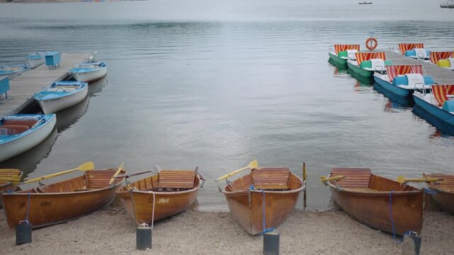 Schluchsee Schwarzwald Black Forest Germany with wooden tourist boots at dock