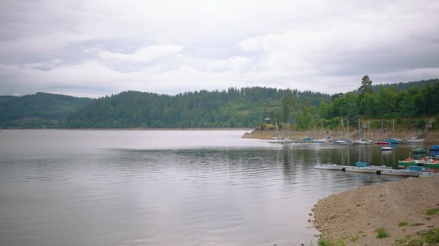 Schluchsee Schwarzwald Blackforest Germany with boats and cloudy sky