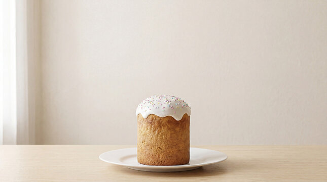 Minimalist composition of a traditional Easter cake with white sugar glaze and sprinkles on a white ceramic plate against a neutral wall.