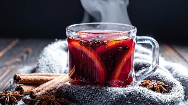Steaming Hot Mulled Wine With Orange Slices, Cinnamon Sticks, and Star Anise on Cozy Blanket