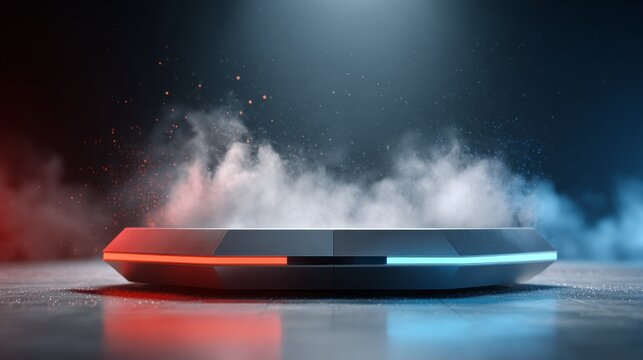 Futuristic hover device emitting smoke with a glowing blue and red design.