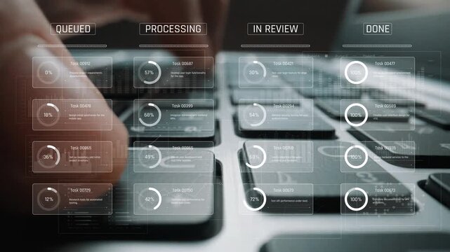 Task management tool dashboard showing kanban-style workflow with columns for to do, in progress, in review, and done, including task cards, progress, and team icons Marrow