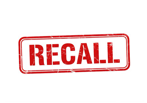 A red rectangular rubber stamp graphic featuring the bold uppercase word recall with worn texture