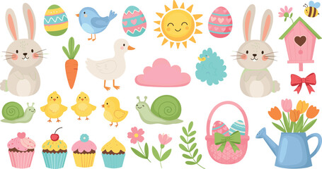 Cute Easter Elements Set with Bunny Chick Eggs Flowers Sun Cupcakes Snail and Watering Can Vector Illustration Spring Holiday Kids Collection for Stickers Designs © Rownok