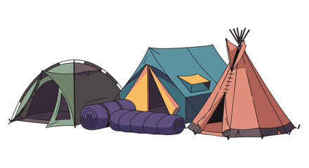 Collection of various camping tents and outdoor sleeping bags for leisure travel © Tahphoto
