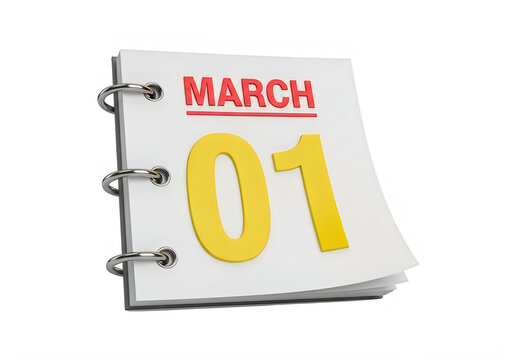 A spiral bound desk calendar displaying the first day of march with large yellow numbers on page