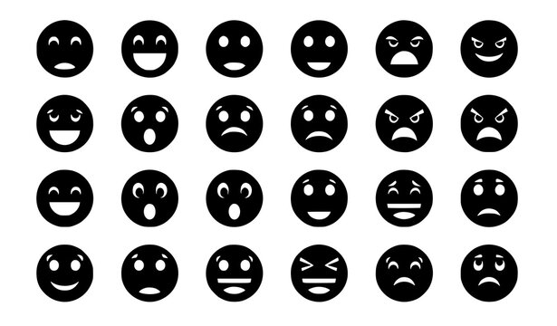 Cartoon smiley face silhouette bundle expressive emoji icons vector collection isolated on white