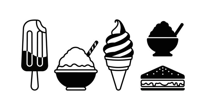 A collection of sweet desserts and cold treats, including ice cream, popsicles, and shaved ice, presented as simple, modern black and white outline vector icons