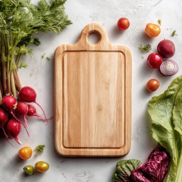 A kitchen board sits on a light surface surrounded by fresh red and green vegetables. Various vegetables complement the wooden board in a simple kitchen scene