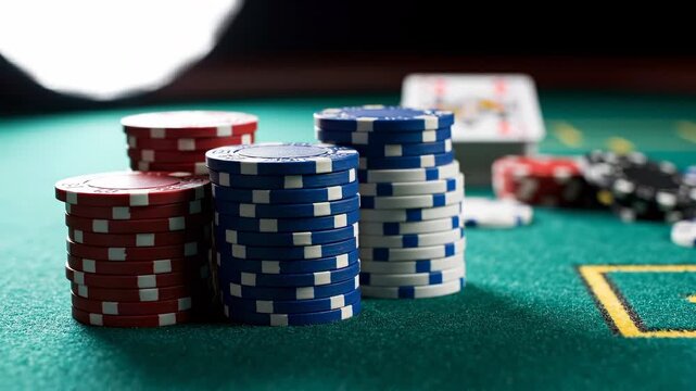 Close-up of stacked red, blue and white poker chips on a green felt casino table with blurred playing cards and extra chips in the background, ideal for advertising gambling, betting, casino marketing
