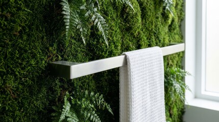 Fototapeta premium Modern Bathroom with Green Wall and Towel Bathroom Green Wall Moss Towel Rack Interior Design Modern Decor Nature. Concept featuring bathroom, green wall, moss, towel rack, interior design for prof...