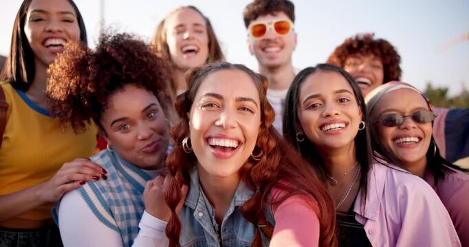 Friends, people and influencer group with smile selfie in city for social media post. Face, portrait and cool style for content creation with gen z, community and diversity with urban hip hop on road