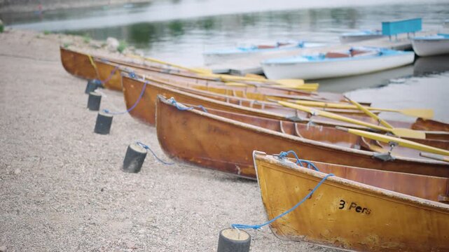 Wood canoes at shore at Schluchsee Schwarzwald Black Forest Germany