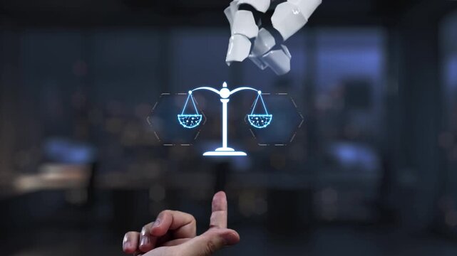 A robotic hand interacts with a digital representation of scales of justice, symbolizing the integration of artificial intelligence in modern legal practices and future innovations. Synapse