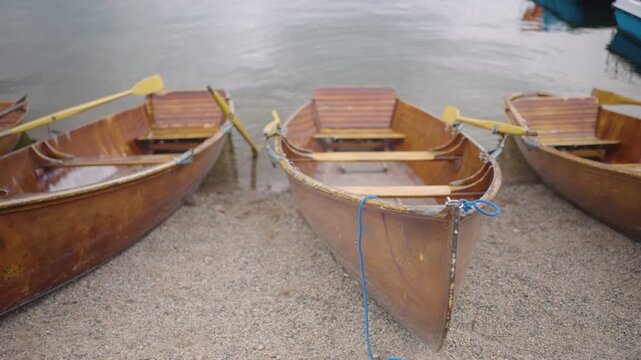 Wooden boats at shore close up Schluchsee Schwarzwald Black Forest Germany