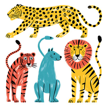 A charming collection of four distinct cartoon-style wild animals including a spotted leopard, a striped tiger, a majestic lion with a vibrant red mane, and a unique blue stylized creature