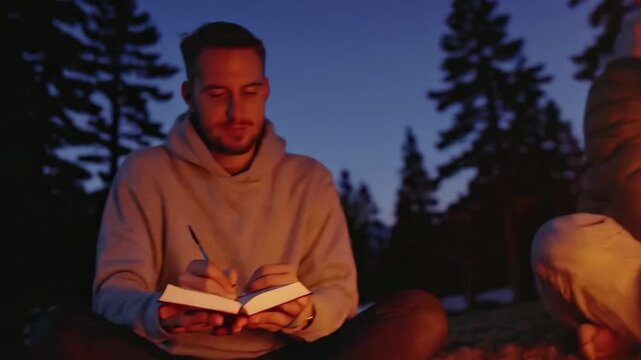Jesus Christ shares guiding stories around a campfire as friends reflect and write future goals. Firelight, sparks, and notebook close-ups create premium outdoor lifestyle footage.