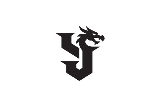 Emblematic black dragon and yj monogram logo design for powerful branding