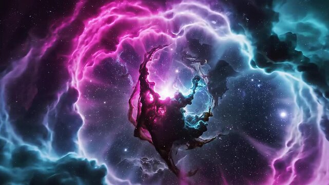 Fluid cosmic nebula glowing with vibrant fuchsia and teal colors in deep space