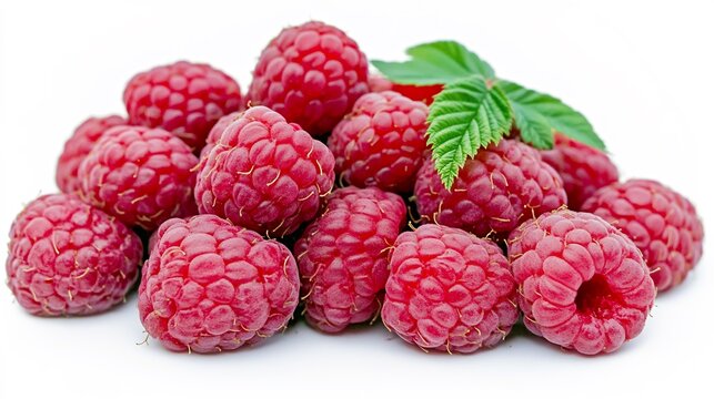 Juicy red raspberries Rubus idaeus arranged a neat pile on a white background with a few leaves adding a touch of green