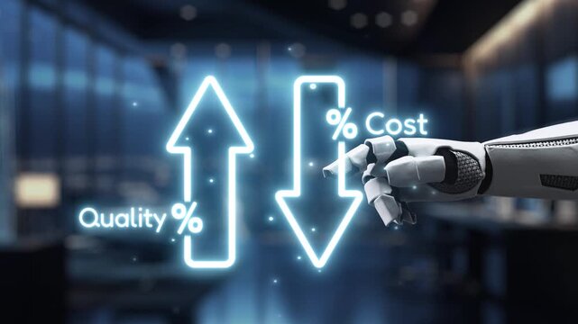 A robotic hand highlights the contrast between rising quality and falling costs in a sleek office environment, symbolizing the transformative power of technology in business. Auvana